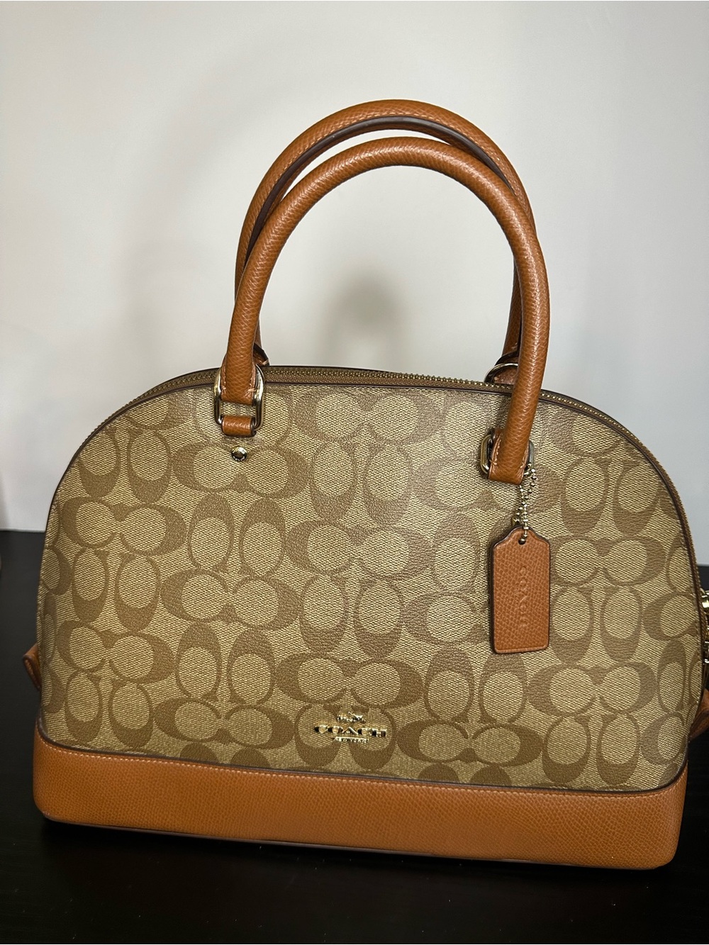 Coach Vintage Tan Signature Canvas Sierra Dome Satchel with Leather Trim